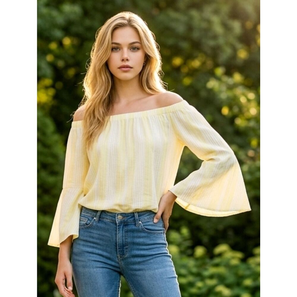 Butter Yellow Off Shoulder Blouse S Bell Sleeve Striped Boho Peasant Rayon Top